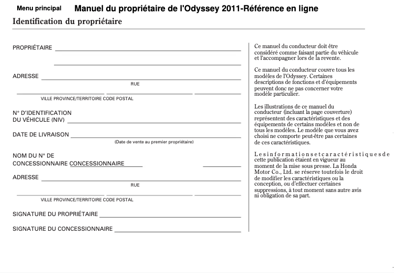 Page 1 de la notice Manuel utilisateur Honda Odyssey (2011)