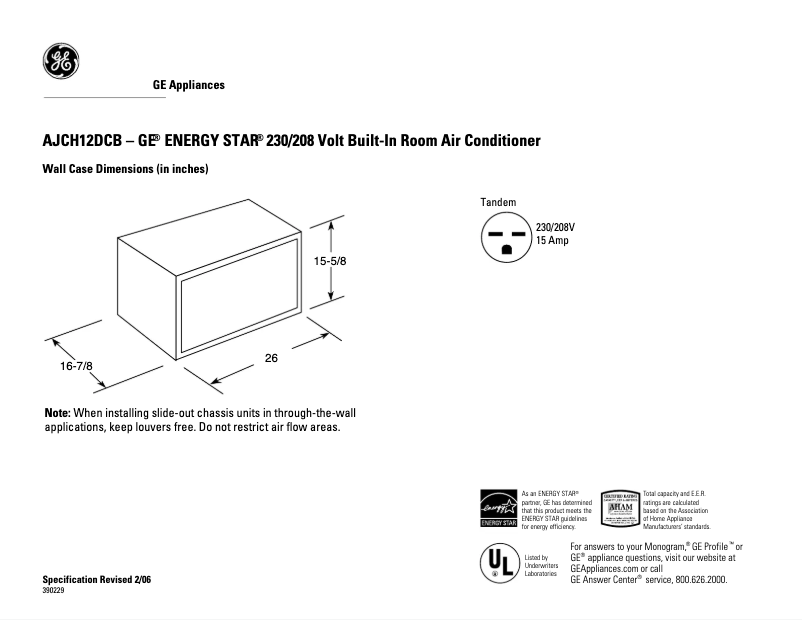 Page 1 de la notice Fiche technique GE AJCH12DCB