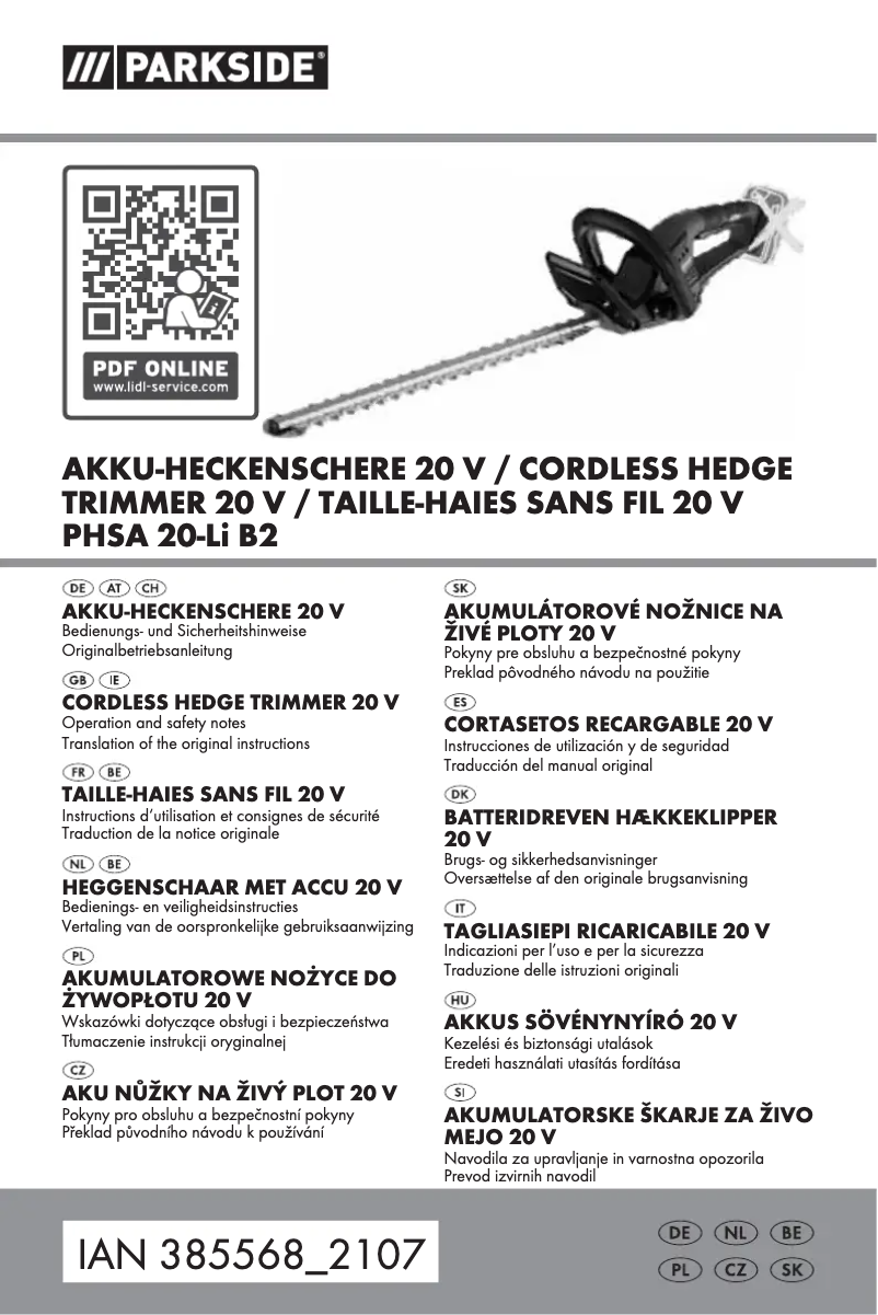 Page 1 de la notice Manuel utilisateur Parkside PHSA 20-Li B2