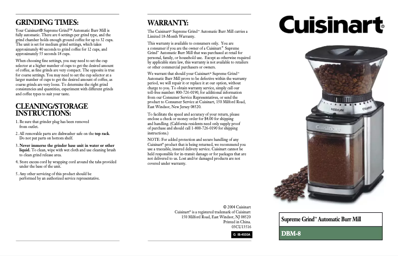 Página 1 del manual Manual de usuario Cuisinart Supreme Grind Automatic Burr Mill DBM-8