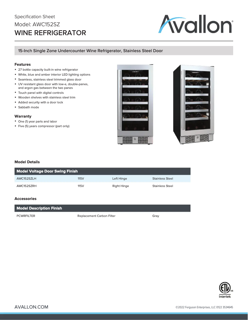 Page 1 de la notice Fiche technique Avallon AWC152SZRH