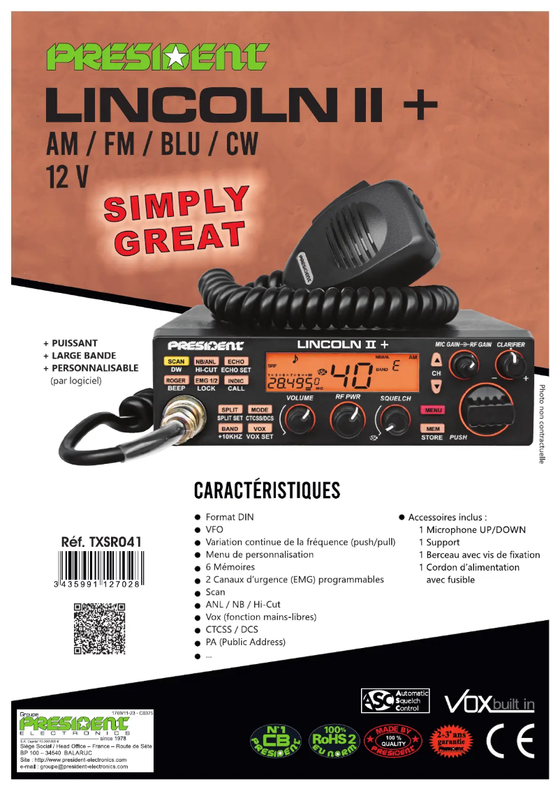 Page 1 de la notice Fiche technique President Lincoln II