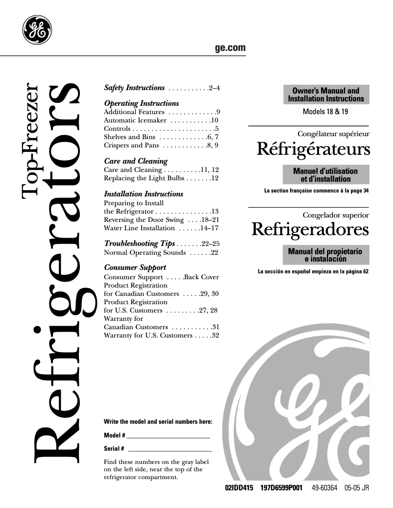 Page n°1 - Manuel d'utilisation et d'entretien GE GTS18TBSWW