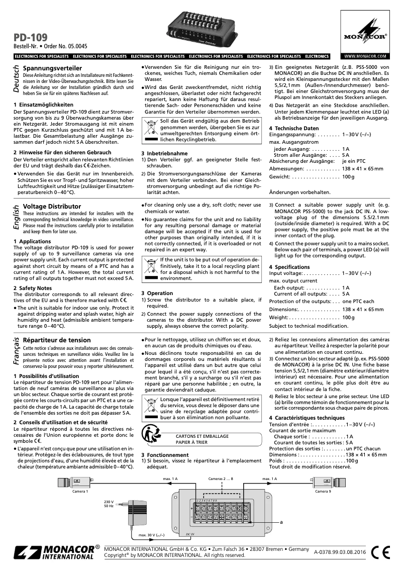 Page 1 de la notice Manuel utilisateur Monacor PD-109