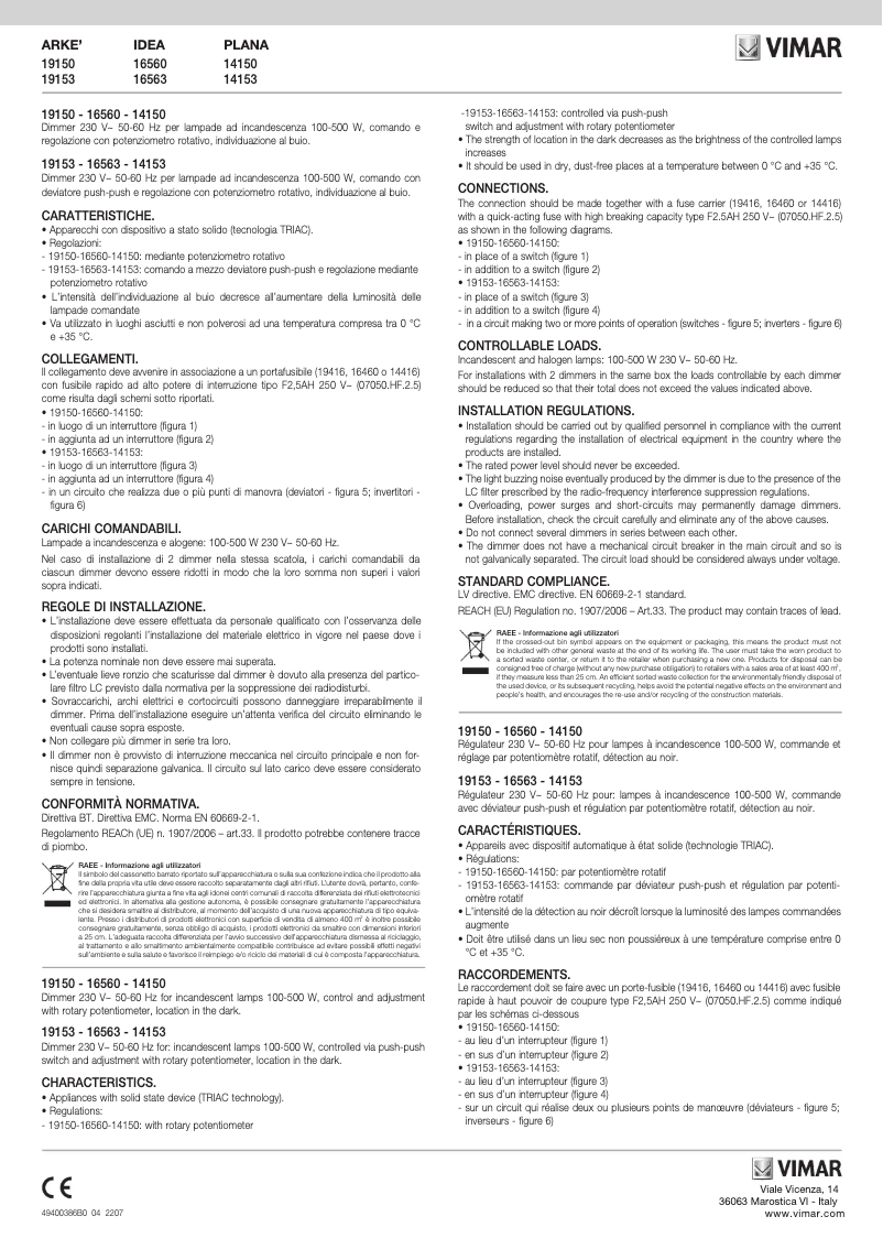 Page 1 de la notice Manuel utilisateur Vimar 16560.B