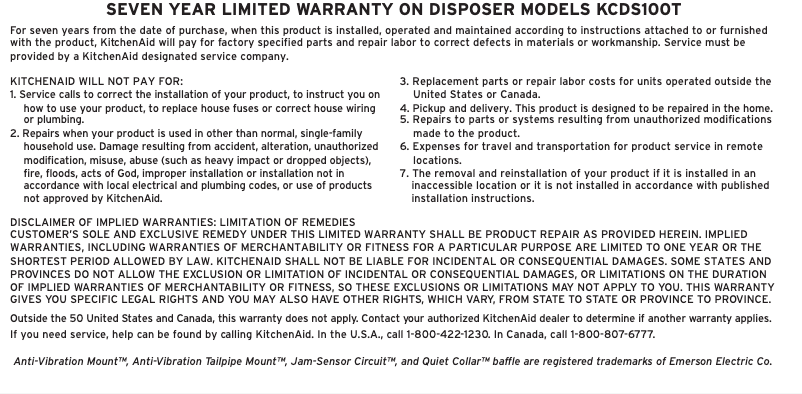 Page 1 of the manual Warranty Information KitchenAid KCDS100T