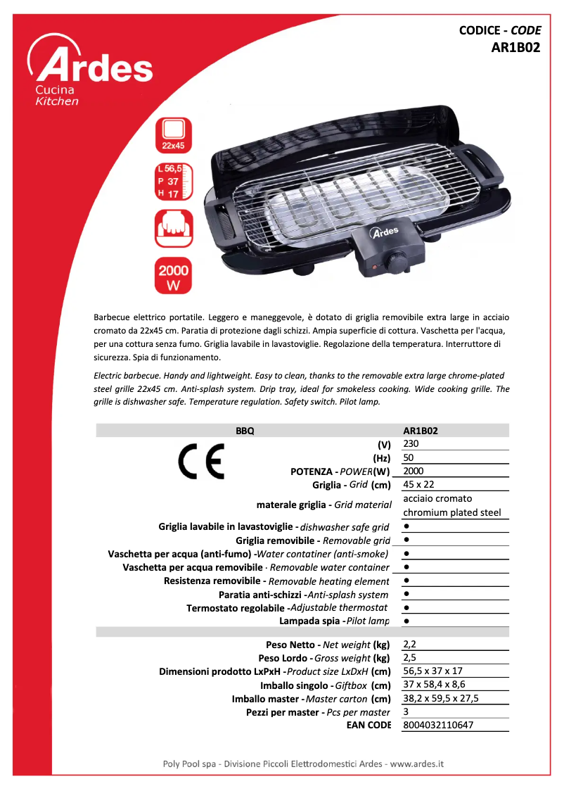 Page 1 de la notice Fiche technique Ardes AR1B02