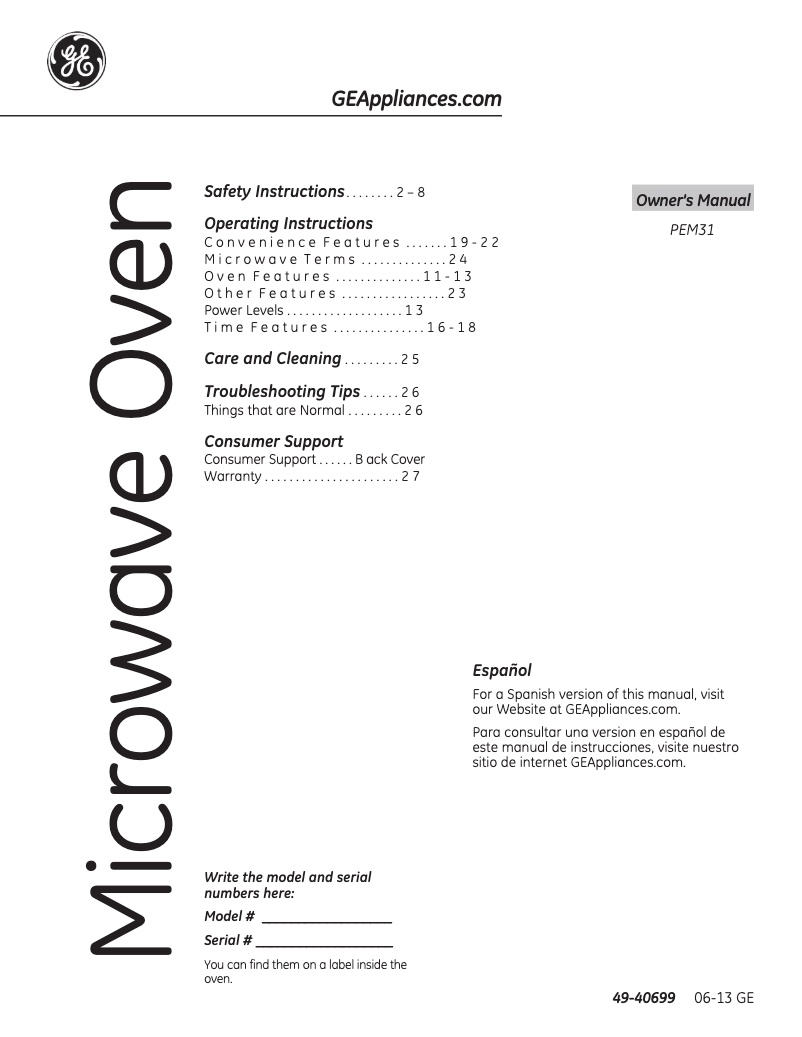 Page 1 de la notice Manuel utilisateur GE Profile PES7227DLBB