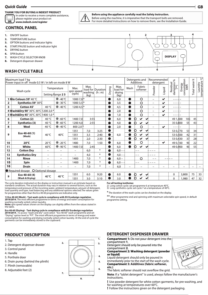 Page n°1 - Manuel utilisateur Indesit EWDE 761483 W UK