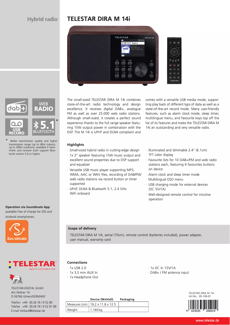 Page 1 de la notice Fiche technique Telestar DIRA M 14i