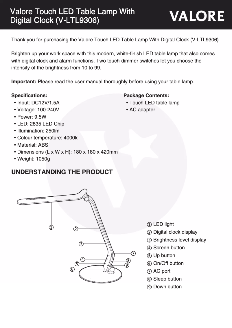Page 1 de la notice Manuel utilisateur Valore V-LTL9306