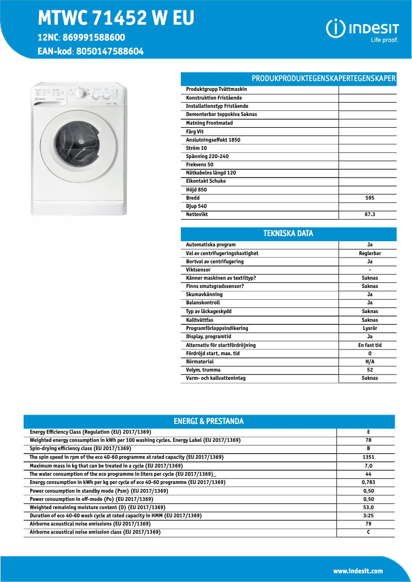 Page n°1 - Fiche technique Indesit MTWC 71452 W EU