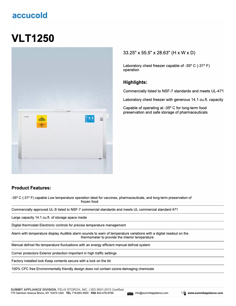 Page 1 de la notice Fiche technique Summit Accucold VLT1250