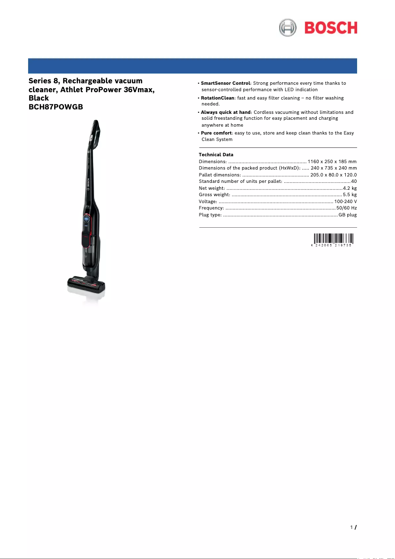 Page 1 of the manual Technical Sheet Bosch BCH87POWGB