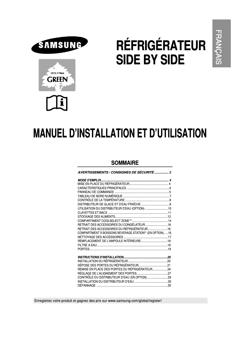 Page 1 de la notice Manuel utilisateur Samsung RS21DASM