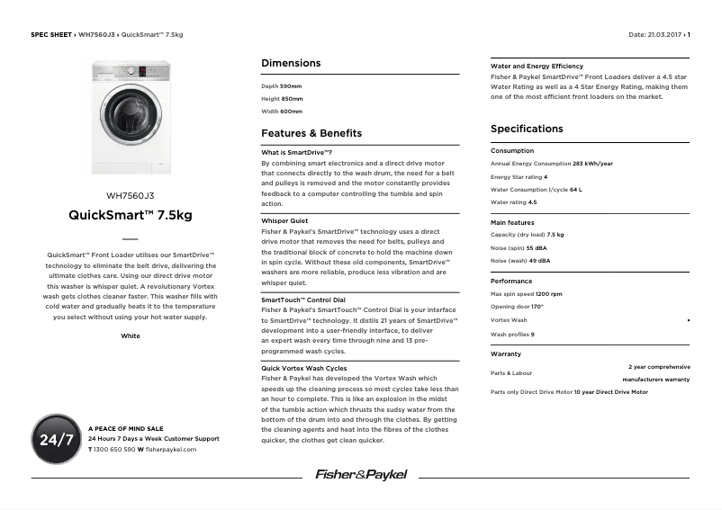 Page 1 of the manual Technical Sheet Fisher & Paykel WH7560J3