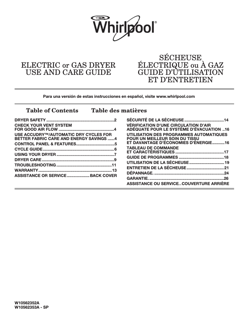 Page 1 de la notice Manuel d'utilisation et d'entretien Whirlpool WGD5000D
