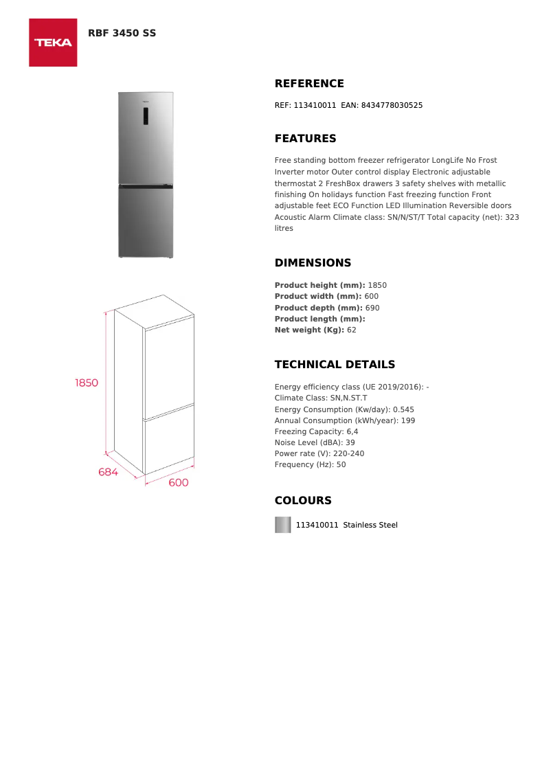 Page 1 de la notice Fiche technique Teka RBF 3450 SS