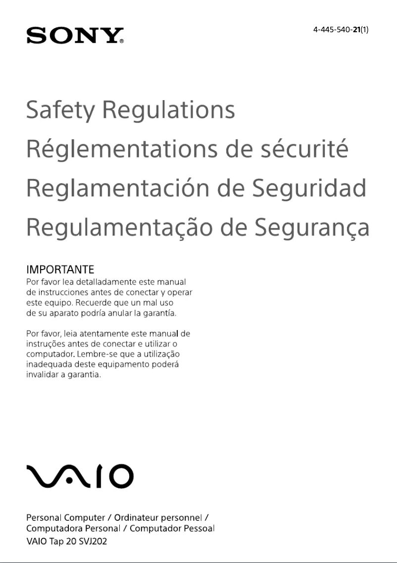 Page 1 de la notice Instructions de sécurité Sony Vaio SVJ20214CYB