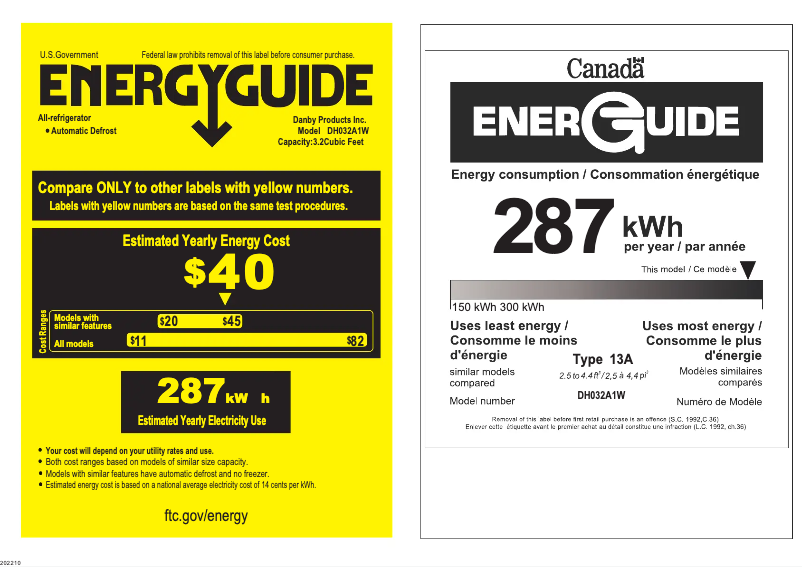Page 1 de la notice Label énergétique Danby DH032A1W-1