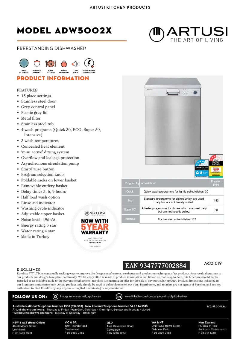 Página 1 del manual Ficha técnica Artusi ADW5002X