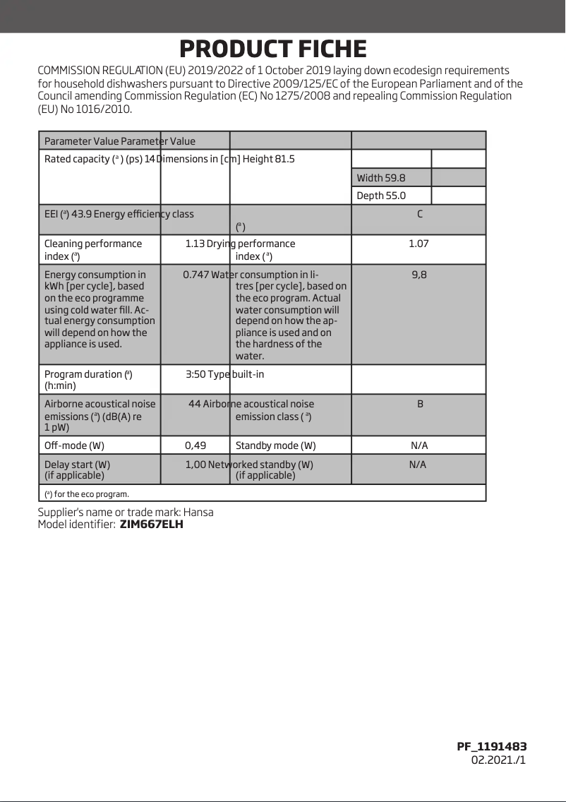 Page 1 de la notice Fiche technique Hansa ZIM667ELH