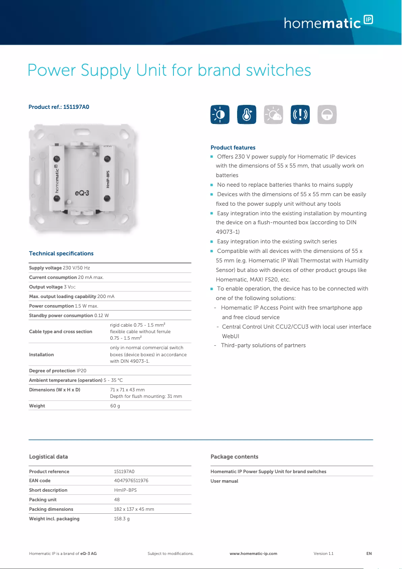 Page 1 de la notice Fiche technique Homematic IP HmIP-BPS