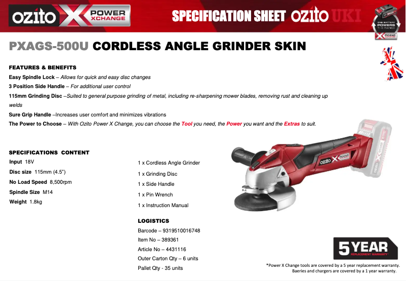 Page 1 de la notice Fiche technique Ozito PXAGS-500U