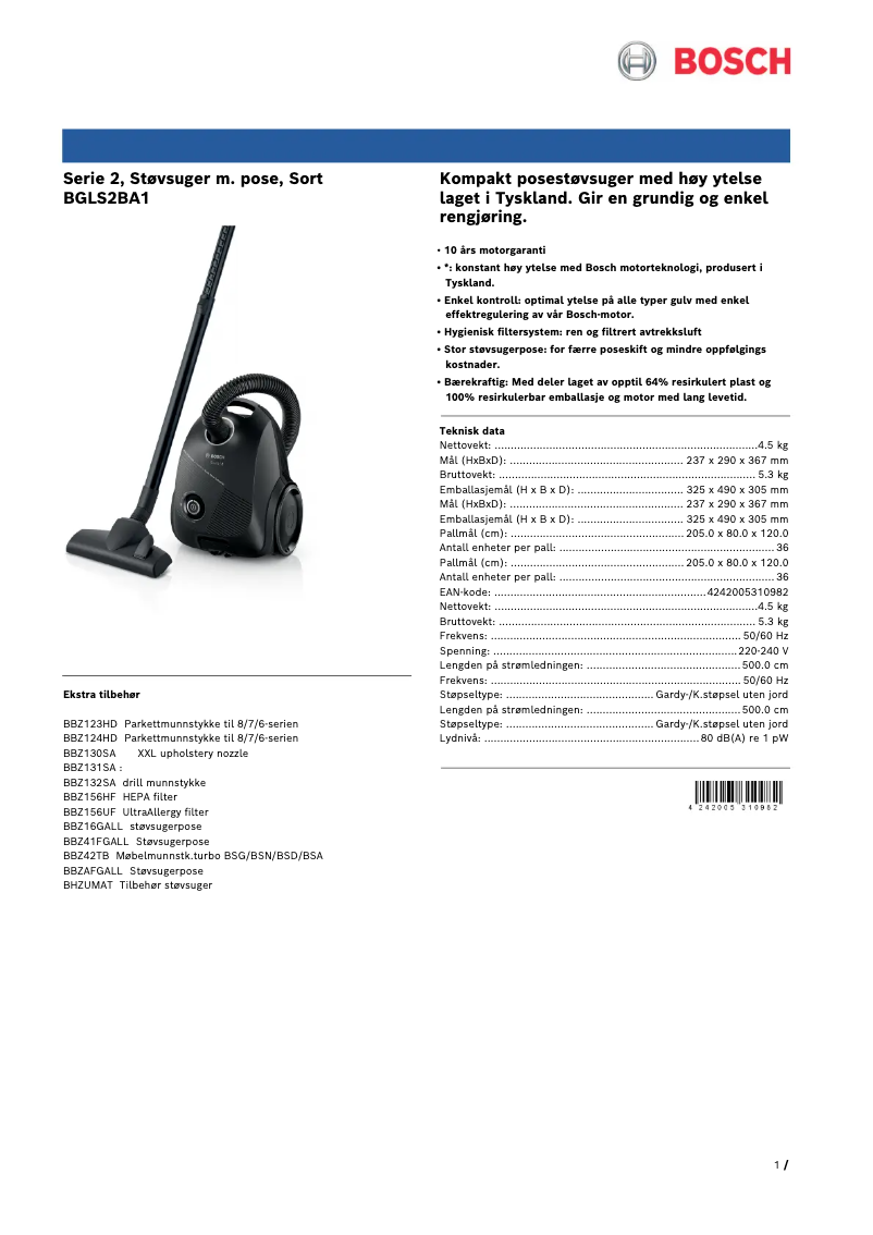 Page 1 de la notice Brochure Bosch BGLS2BA1