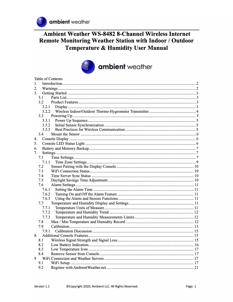 Page 1 de la notice Manuel utilisateur Ambient Weather WS-8482