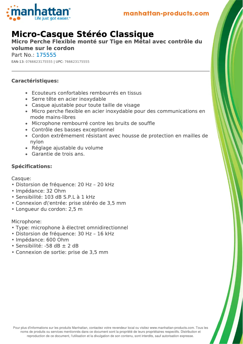 Page 1 de la notice Fiche technique Manhattan Clasic Stereo Headset 175555