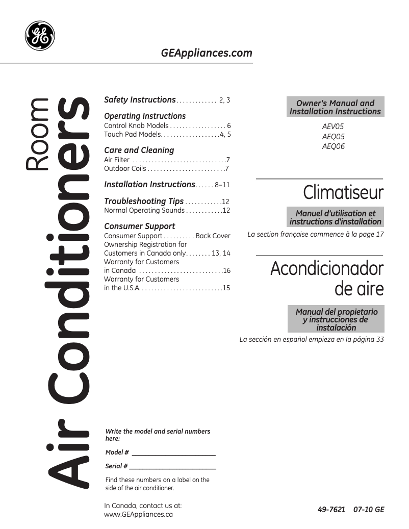 Página 1 del manual Guía de instalación GE AEM08LN