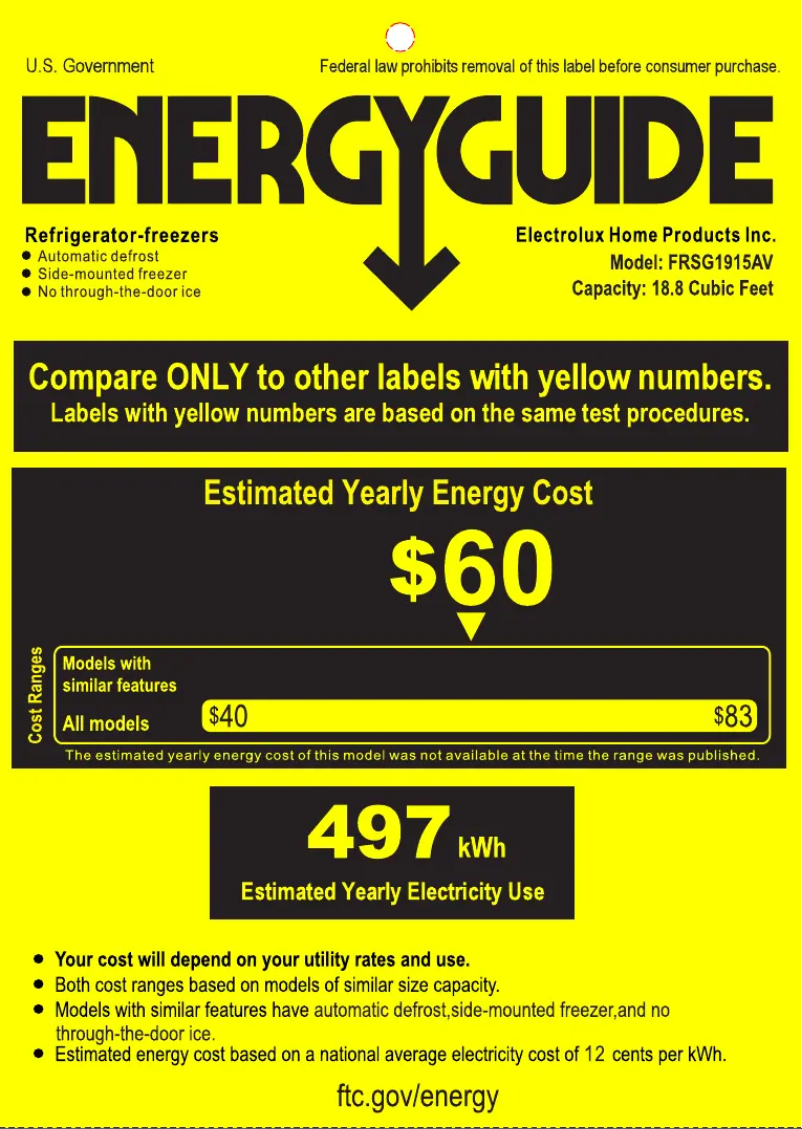 Page 1 de la notice Label énergétique Frigidaire FRSG1915AV
