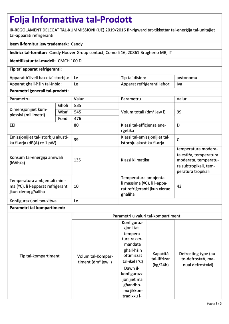 Page 1 de la notice Fiche technique Candy CMCH 100 D
