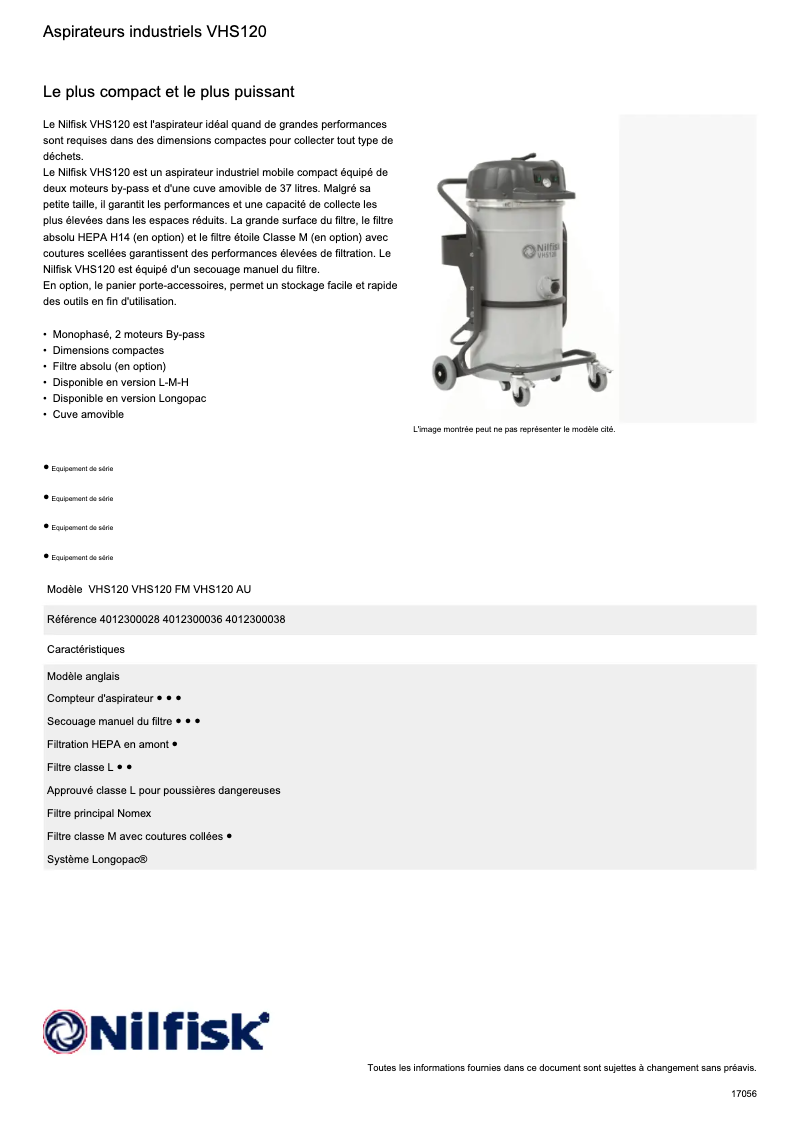 Page 1 de la notice Fiche technique Nilfisk VHS120