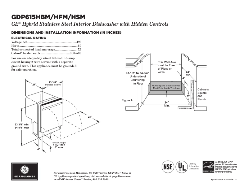 Page n°1 - Fiche technique GE GDP615HFMDS