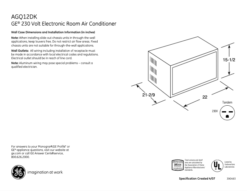 Página 1 del manual Ficha técnica GE AGQ12DK
