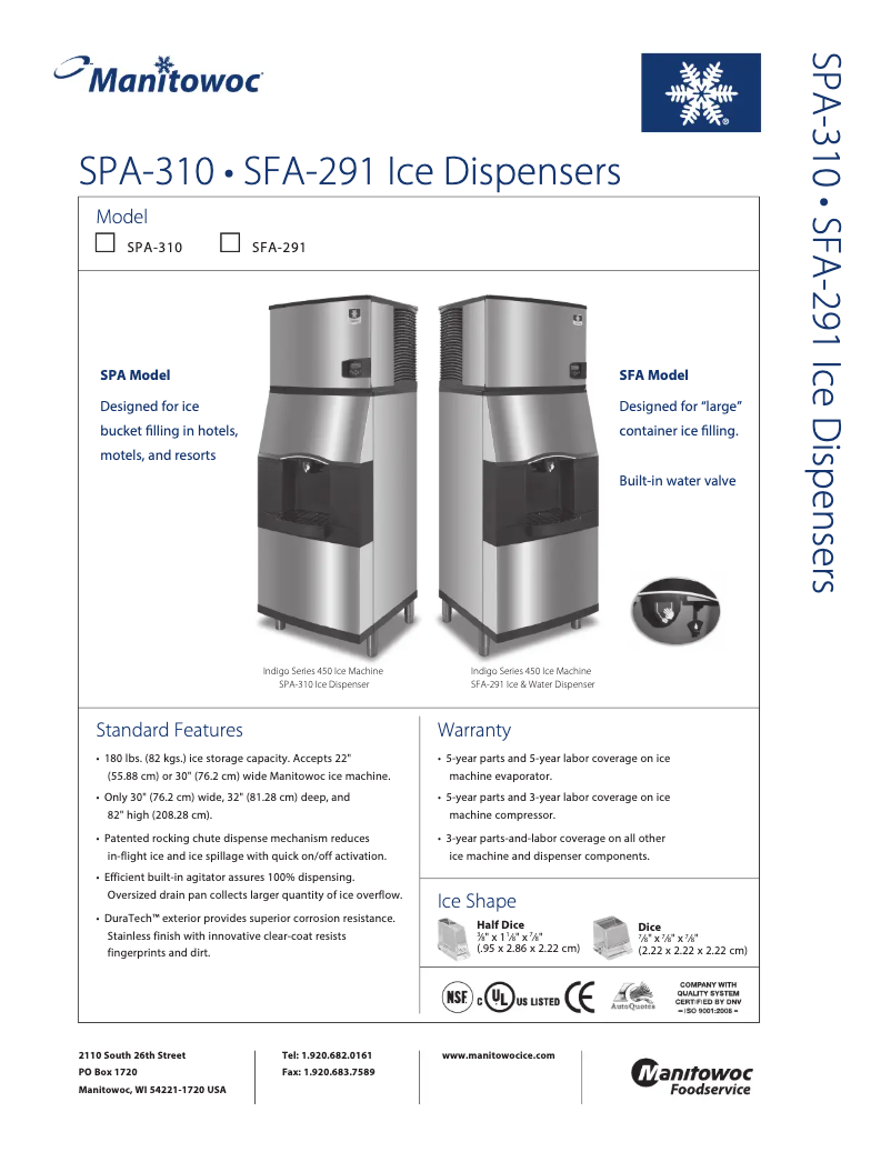 Página 1 del manual Ficha técnica Manitowoc SFA-291