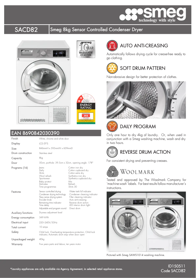 Page 1 de la notice Fiche technique Smeg SACD82