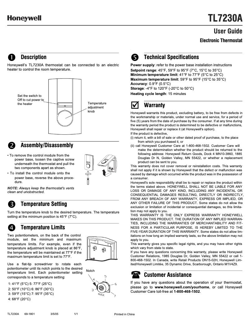 Page 1 de la notice Manuel utilisateur Honeywell TL7230A