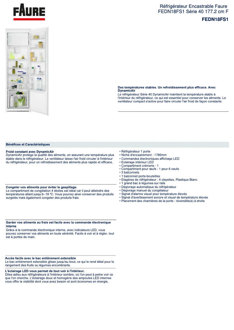 Page 1 of the manual Technical Sheet Faure FEDN18FS1