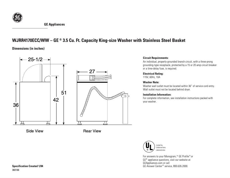 Page n°1 - Fiche technique GE WJRR4170ECC