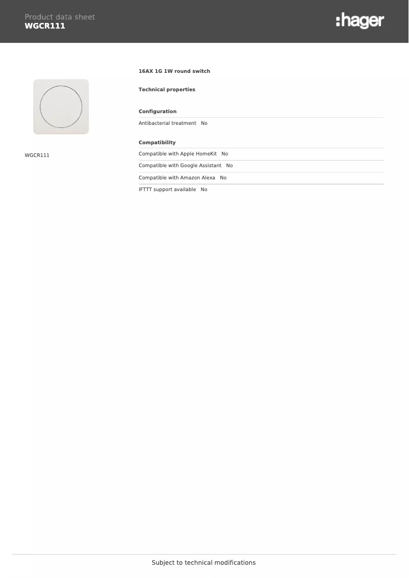 Page 1 de la notice Fiche technique Hager WGCR111