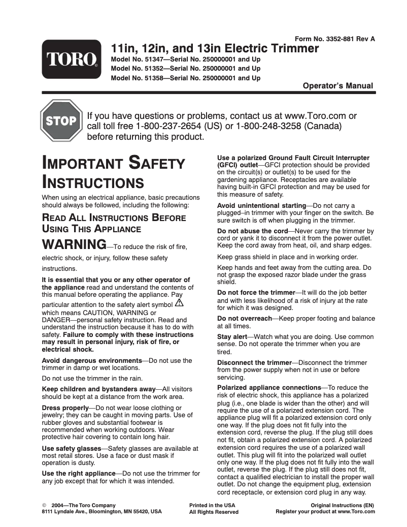 Page 1 de la notice Manuel utilisateur Toro 51352