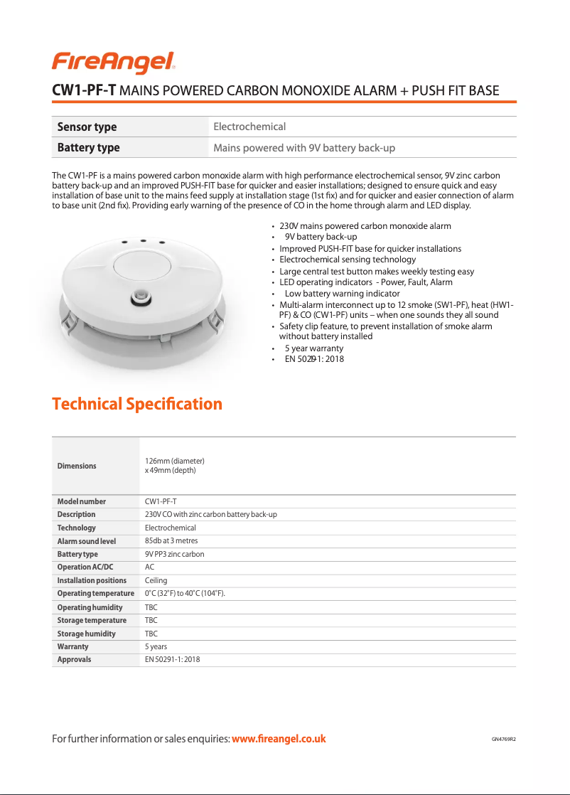 Page 1 de la notice Fiche technique FireAngel CW1-PF-T