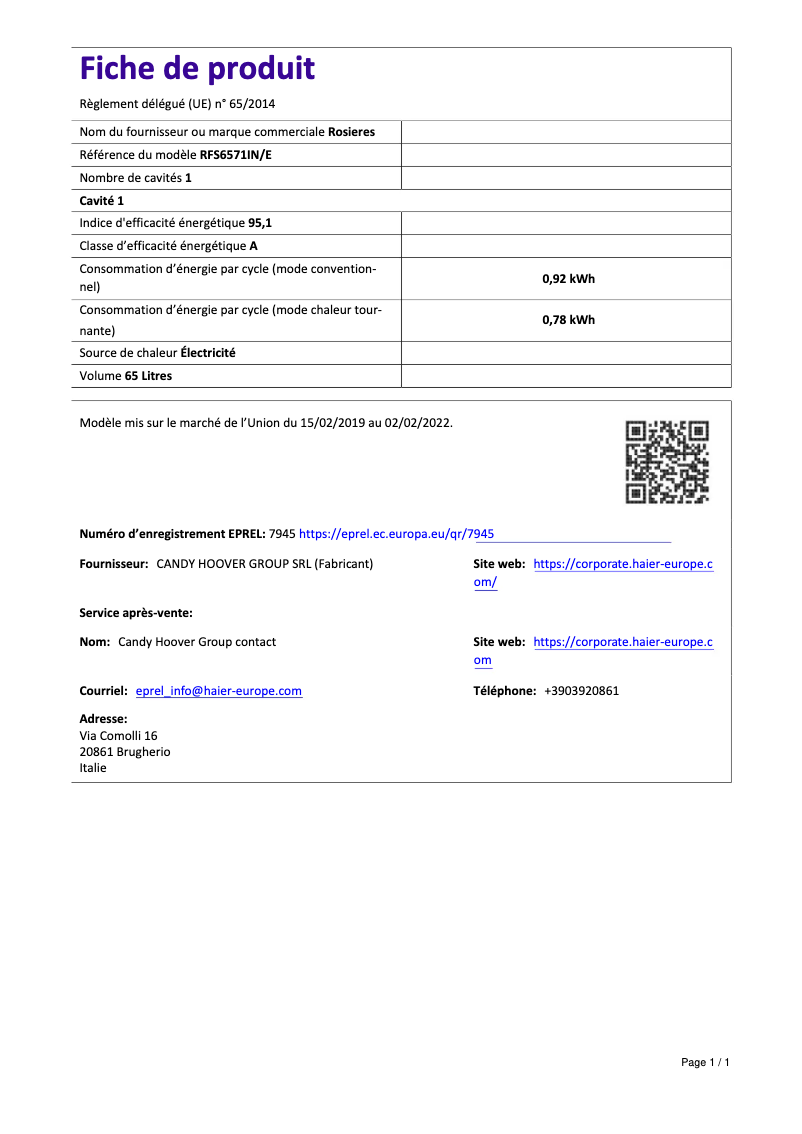 Page 1 de la notice Fiche technique Rosieres RFS 6571 IN/E