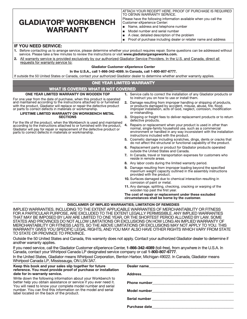 Page 1 de la notice Informations de garantie Gladiator GAWB08HWEG