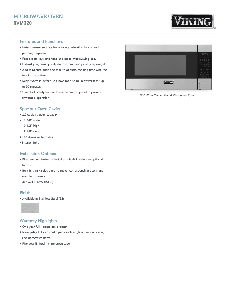 Page 1 de la notice Fiche technique Viking RVM320SS