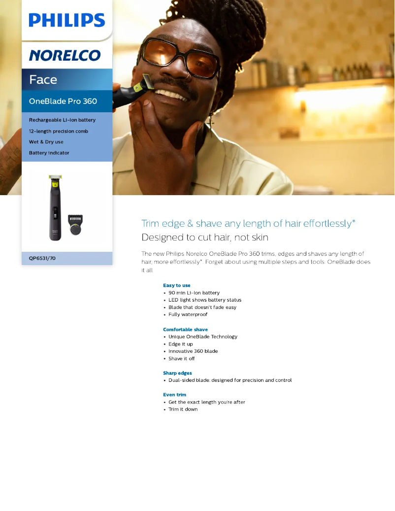 Page 1 de la notice Fiche technique Philips Norelco OneBlade QP6531