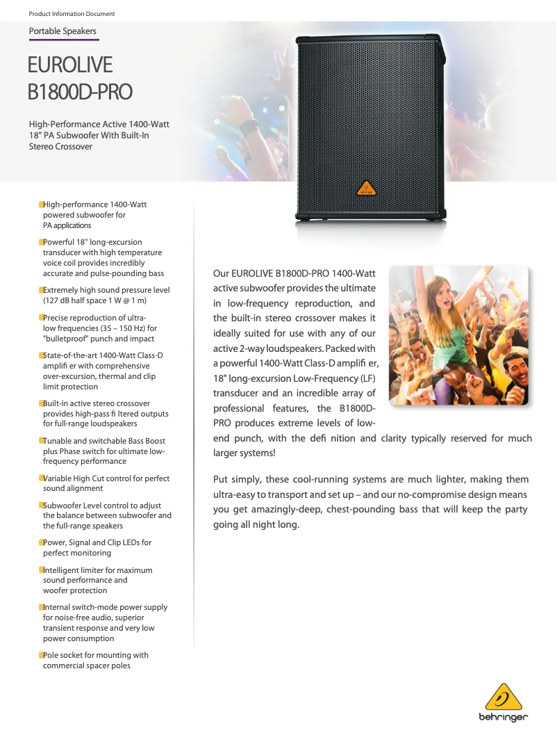 Page 1 de la notice Fiche technique Behringer Eurolive B1800D-Pro